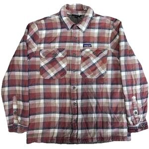 Patagonia Men XL Insulated Fjord Flannel Jacket Brown Plaid Cotton Shacket Lined